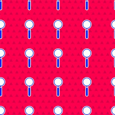 Mavi büyüteç simgesi kırmızı arkaplanda izole edilmiş kusursuz desen. Arama, odaklanma, yakınlaştırma, iş sembolü. Vektör İllüstrasyonu.