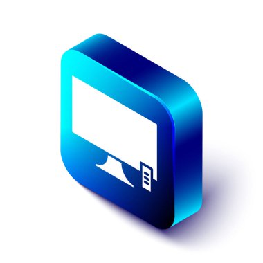 Isometric Smart TV simgesi beyaz arkaplanda izole edildi. Televizyon tabelası. Mavi kare düğme. Vektör İllüstrasyonu.
