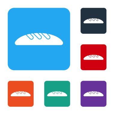 Beyaz arka planda beyaz ekmek simgesi izole edildi. Renkli kare düğmelerle simgeleri ayarla. Vektör İllüstrasyonu.