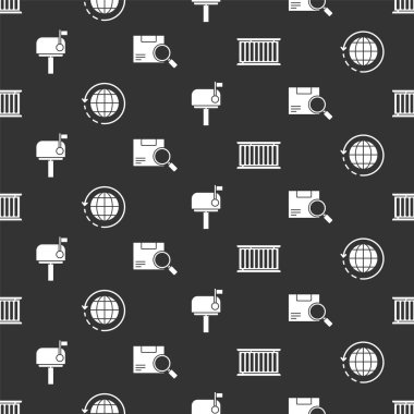 Konteynır, dünya çapında nakliye ve kutu, posta kutusu ve arama paketini kusursuz desen üzerine ayarla. Vektör.