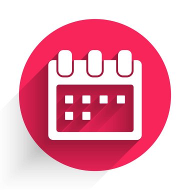 Beyaz Takvim simgesi uzun gölgede izole edildi. Olay hatırlatma sembolü. Kırmızı daire düğmesi. Vektör İllüstrasyonu.