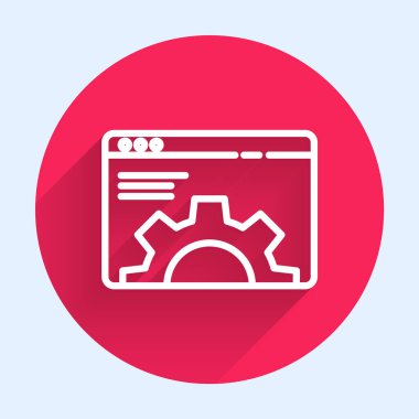 Beyaz çizgi Tarayıcı simgesini uzun gölgeyle izole ediyor. Ayarlama, servis, bakım, onarım, onarım. Kırmızı daire düğmesi. Vektör İllüstrasyonu.