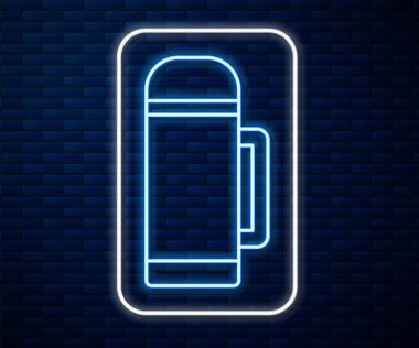 Parlayan neon hattı termos konteynır ikonu tuğla duvar arka planında izole edildi. Termo matara ikonu. Kamp ve yürüyüş ekipmanları. Vektör İllüstrasyonu.