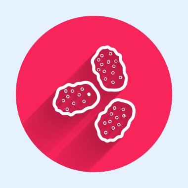 Beyaz çizgi tavuk külçeleri simgesi uzun gölgeli izole edilmiş. Kırmızı daire düğmesi. Vektör İllüstrasyonu.