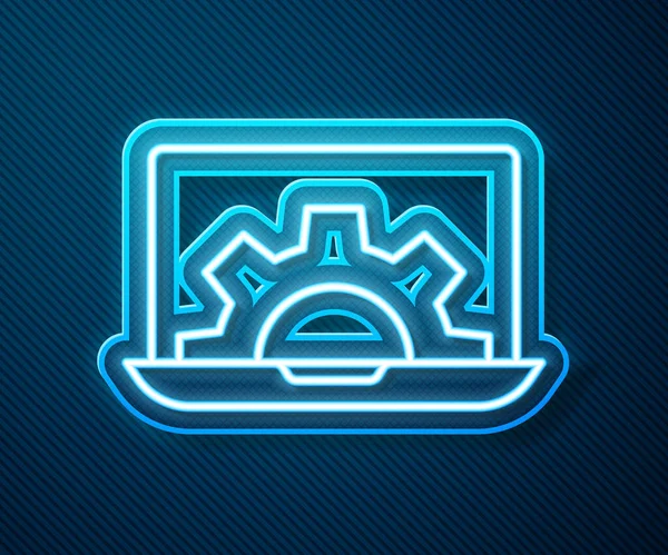 Zářící Neonová Čára Laptop Ozubení Ikona Izolované Modrém Pozadí Úprava — Stockový vektor