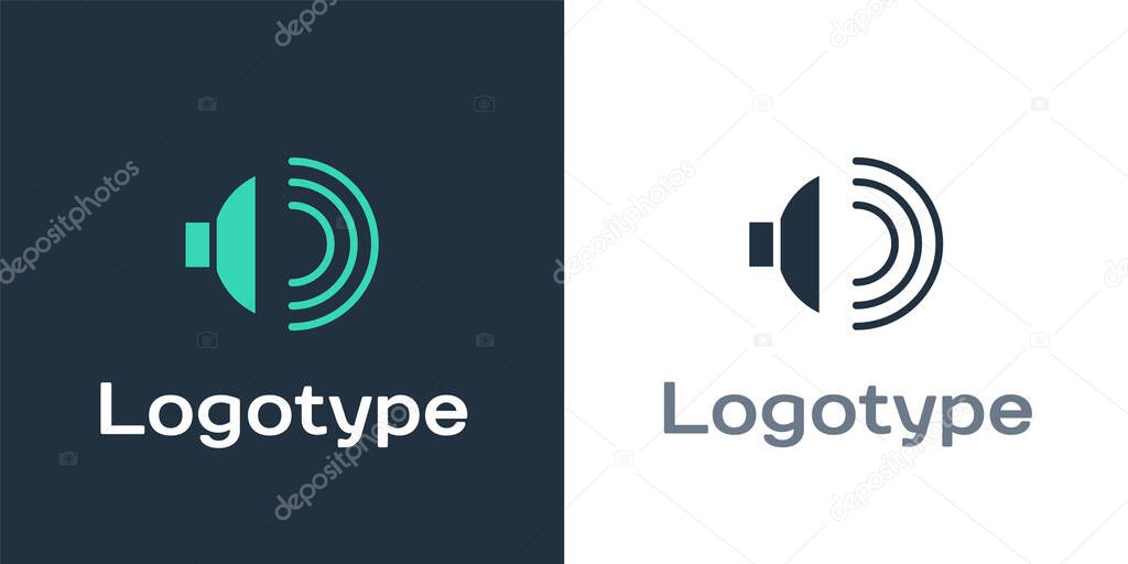 Logotype Speaker volume, audio voice sound symbol, media music icon isolated on white background. Logo design template element. Vector Illustration.