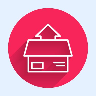 Uzun gölgeli beyaz çizgi karton kutu simgesi. Kutu, paket, paket işareti. Teslimat ve ambalaj. Kırmızı daire düğmesi. Vektör İllüstrasyonu.