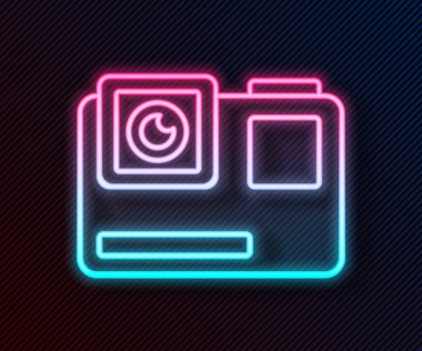 Parlayan neon hattı Eylem aşırı kamera simgesi siyah arkaplanda izole edildi. Ekstrem sporları çekmek için video kamera ekipmanı. Vektör İllüstrasyonu.