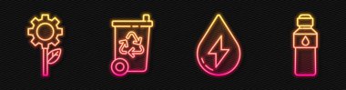 Hat su enerjisi, konserve fabrikası, geri dönüşümlü geri dönüşüm kutusu ve bir şişe su. Parlayan neon ikonu. Vektör.