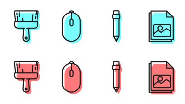 Silgi, boya fırçası, Bilgisayar faresi ve Resim peyzajı ikonu ile satırı ayarla. Vektör.