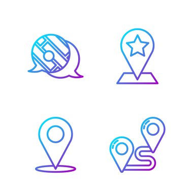 Hat güzergahı konumu, konumu, şehir haritası navigasyonunun bilgilerini ve yıldızlı harita işaretçisini ayarla. Renk simgeleri. Vektör.