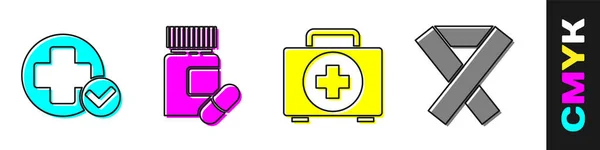 Set Cross Hospital Medical Medikamentenflasche Und Tabletten Verbandskasten Und Symbolband — Stockvektor