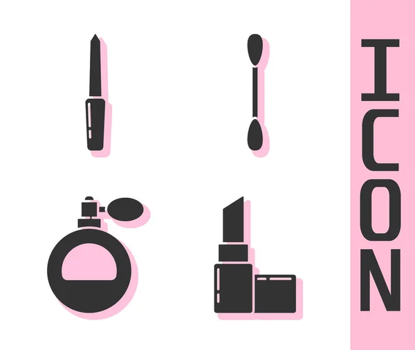 Set lippenstift, nagelvijl, parfum en wattenstaafje voor oren pictogram. Vector — Stockvector