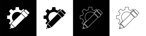 Set Potlood en tandwiel pictogram geïsoleerd op zwart-wit achtergrond. Creatieve ontwikkeling. Bloggen of copywriting concept. Vector Illustratie — Stockvector