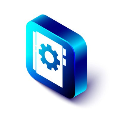 Beyaz arkaplanda Isometric Kullanıcı elle simgesi izole edildi. Kullanıcı rehberi kitabı. Talimat işareti. Kullanmadan önce oku. Mavi kare düğme. Vektör İllüstrasyonu