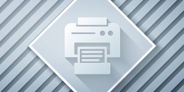 Kağıt kesiği Yazıcı simgesi gri arkaplanda izole edildi. Kağıt sanatı tarzı. Vektör İllüstrasyonu