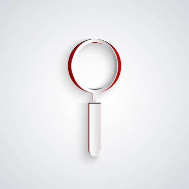 Kağıt kesiği büyüteç simgesi gri arkaplanda izole edilmiş. Arama, odaklanma, yakınlaştırma, iş sembolü. Kağıt sanatı tarzı. Vektör İllüstrasyonu