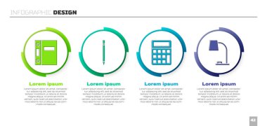Ofis klasörlerini, silgisini, hesap makinesini ve masa lambasını ayarlayın. Ticari bilgi şablonu. Vektör