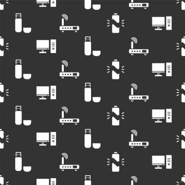 Kırık bataryayı, bilgisayar monitörünü, USB flash diskini, Router 'ı ve Wi-Fi sinyalini pürüzsüz şablona ayarla. Vektör