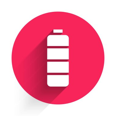 Beyaz Batarya şarj seviyesi gösterge simgesi uzun gölgeli izole edildi. Kırmızı daire düğmesi. Vektör İllüstrasyonu