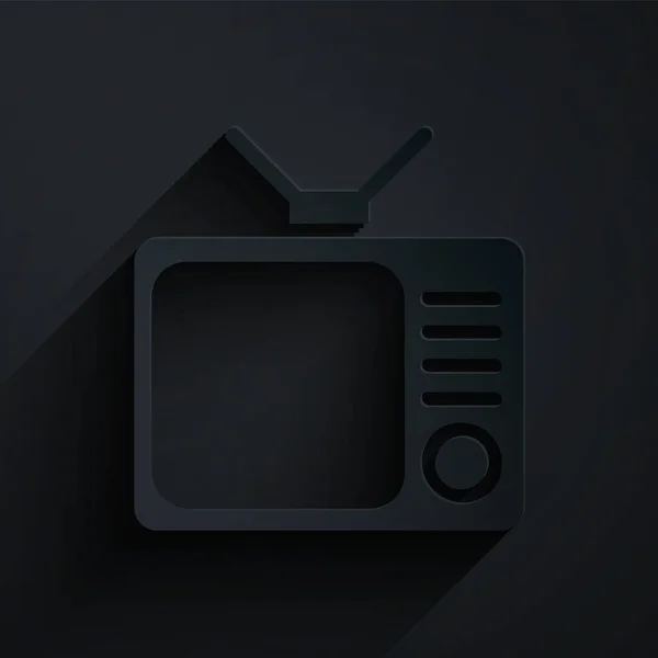 Papel cortado ícone Retro tv isolado no fundo preto. Sinal de televisão. Estilo de arte de papel. Ilustração vetorial — Vetor de Stock