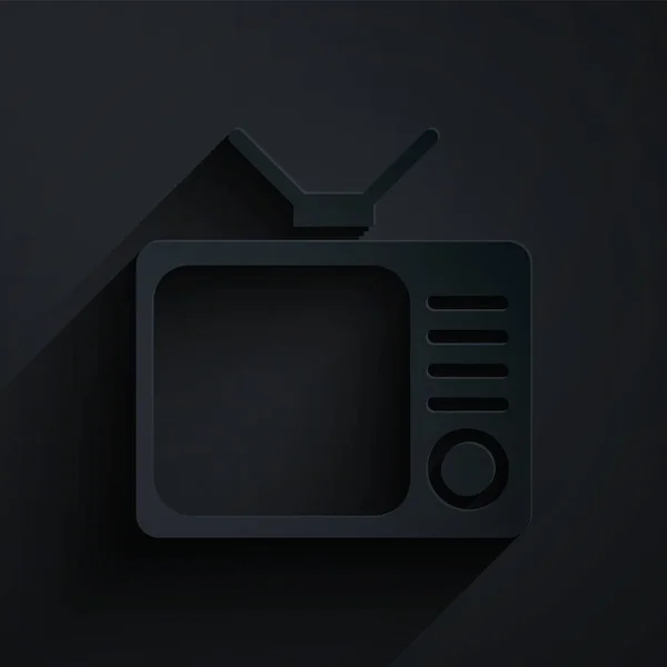 Papírvágás Retro tv ikon elszigetelt fekete háttérrel. Televíziós jel. Papírművészeti stílus. Vektorillusztráció — Stock Vector