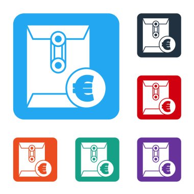 Beyaz arkaplanda izole edilmiş avro sembollü Beyaz Zarf. Maaş zammı, maaş bordrosu, tazminat geliri. Renkli kare düğmelerle simgeleri ayarla. Vektör İllüstrasyonu