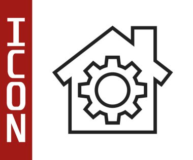 Siyah çizgi ev ya da beyaz arka planda vites simgesi olan ev. Ayarlama, servis, ayar, bakım, onarım, onarım. Vektör İllüstrasyonu