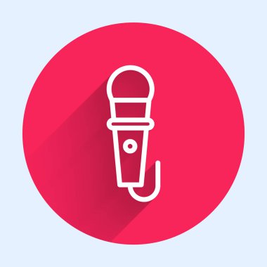 Beyaz çizgi mikrofon ikonu uzun gölgeli izole edilmiş. Radyodaki mikrofondan. Sözcü işareti. Kırmızı daire düğmesi. Vektör İllüstrasyonu