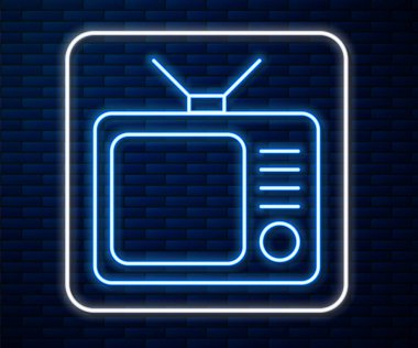 Parlayan neon hattı Retro TV ikonu tuğla duvar arka planında izole edildi. Televizyon tabelası. Vektör İllüstrasyonu
