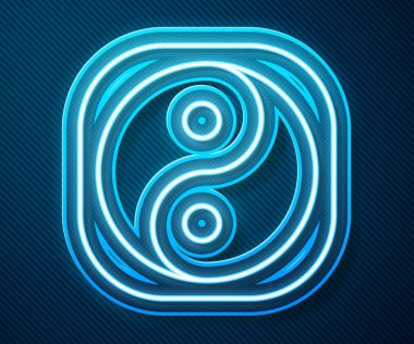 Parlak neon çizgisi mavi arkaplanda izole edilmiş uyum ve denge simgesi Yin Yang. Vektör İllüstrasyonu