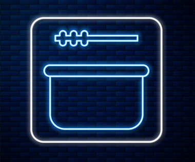 Parlayan neon hattı sauna kovası ve kepçe simgesi tuğla duvar arkasında izole edilmiş. Vektör İllüstrasyonu