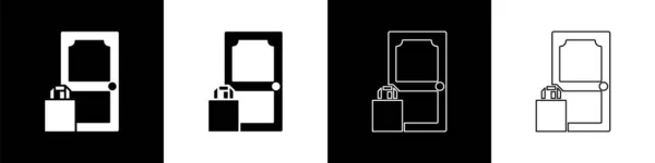Establecer pedido en línea y entrega de comida rápida icono aislado en fondo blanco y negro. Ilustración vectorial — Vector de stock