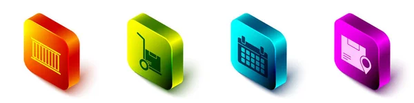 Set Isometric Container, Caminhão de mão e caixas, Calendário e localização com ícone de caixa de papelão. Vetor —  Vetores de Stock