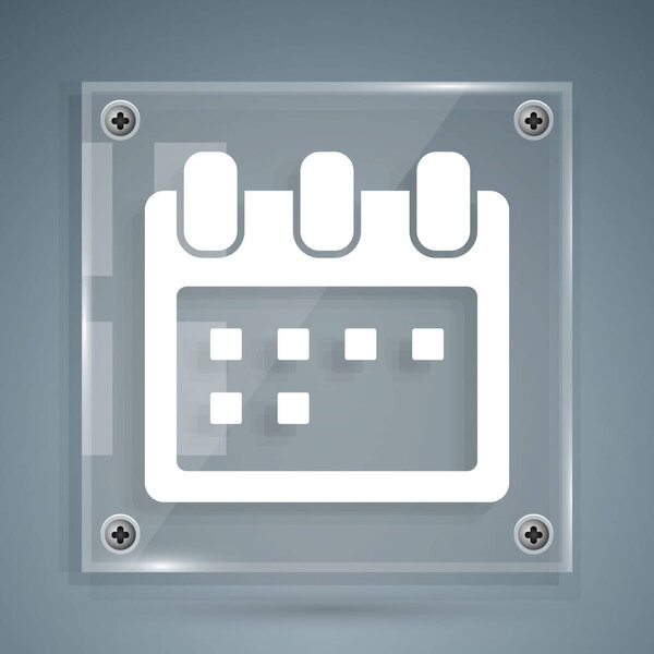 White Calendar icon isolated on grey background. Event reminder symbol. Square glass panels. Vector Illustration