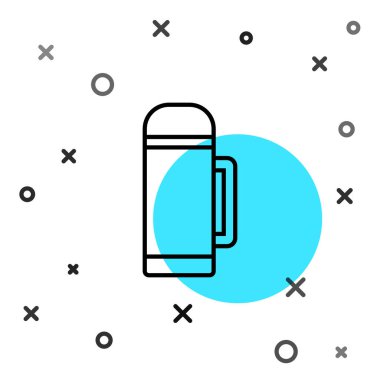 Beyaz arka planda siyah çizgi termos konteynır simgesi izole edildi. Termo matara ikonu. Kamp ve yürüyüş ekipmanları. Rastgele dinamik şekiller. Vektör İllüstrasyonu