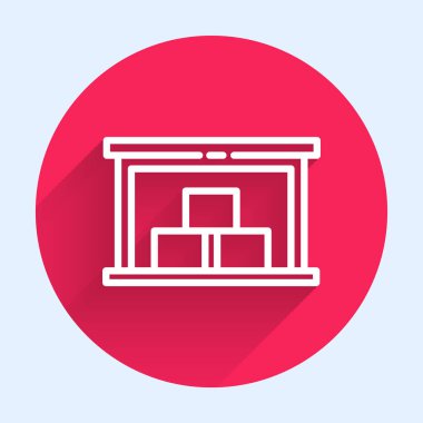 Beyaz çizgi Depo ikonu uzun gölgeli izole edilmiş. Kırmızı daire düğmesi. Vektör İllüstrasyonu