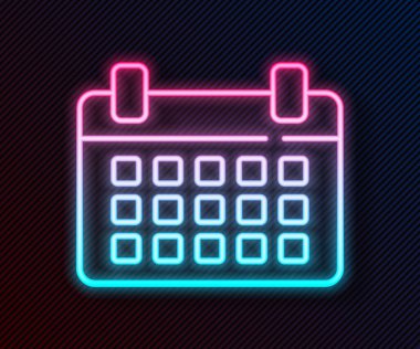 Parlayan neon çizgisi takvim simgesi siyah arkaplanda izole edildi. Olay hatırlatma sembolü. Vektör İllüstrasyonu