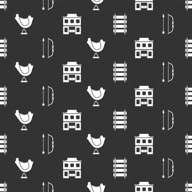 Demiryolu, demiryolu, ok ve yay, Vahşi Batı eyeri ve Vahşi Batı meyhanesi. Vektör