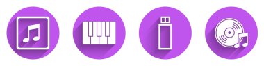 Müzik notası, ton, müzik sentezleyicisi, USB flash disk ve uzun gölgeli vinil disk simgesi. Vektör