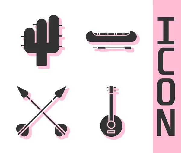 Conjunto Banjo, Cactus, Flechas cruzadas y Kayak o canoa y remo icono. Vector — Vector de stock