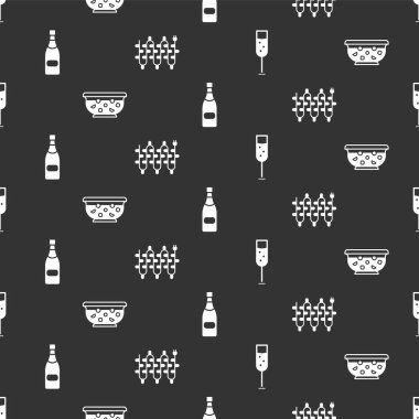 Şampanya kadehi, kokteyl kasesi, şampanya şişesi ve Noel ışıkları. Vektör