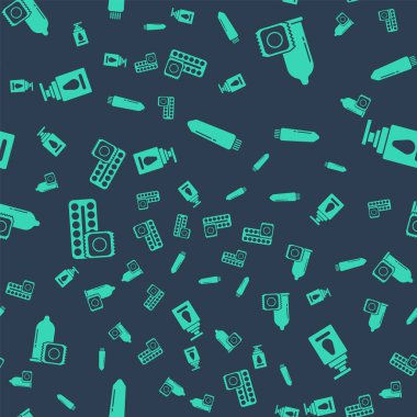Set Dildo vibrator, Condom, Birth control pills and condom and Personal lubricant on seamless pattern. Vector