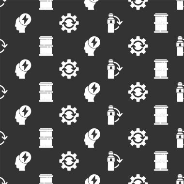 Geri dönüşüm plastik şişesi, fıçı, kafa ve elektrik sembolü, dişli ve okları pürüzsüz desen üzerine çalışma akışı olarak ayarla. Vektör