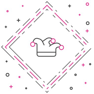 Satır Joker beyaz arkaplanda kart simgesi oynuyor. Çanları olan soytarı şapkası. Kumarhane kumarı. Renkli taslak konsepti. Vektör İllüstrasyonu