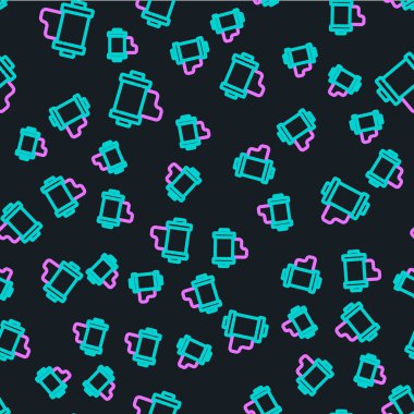 Çizgi Kamera klasik film rulo kartuş ikonu siyah arkaplanda izole edilmiş kusursuz desen. 35 mm 'lik film kutusu. Film şeridi fotoğrafçı ekipmanı. Vektör İllüstrasyonu