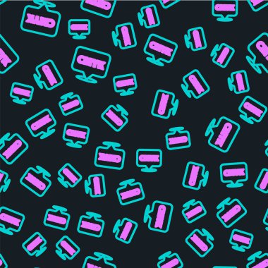 Metin CMYK simgesine sahip satır konuşma balonu siyah arkaplanda izole edilmiş kusursuz desen. Vektör İllüstrasyonu