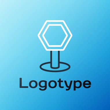 Line Road trafik tabelası. Mavi arkaplanda işaretleme simgesi izole edildi. İşaretçi sembolü. İzole sokak bilgi levhası. Yön tabelası. Renkli taslak konsepti. Vektör İllüstrasyonu