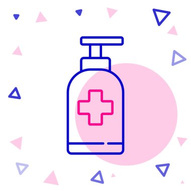 Beyaz arka planda izole edilmiş şeker ikonu içeren sıvı antibakteriyel sabun hattı. Antiseptik. Dezenfeksiyon, hijyen, cilt bakımı. Renkli taslak konsepti. Vektör İllüstrasyonu