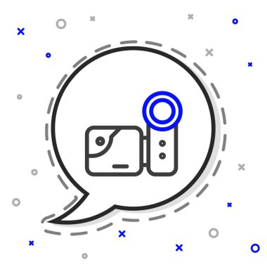 Çizgi sinema kamerası simgesi beyaz arkaplanda izole edildi. Video kamera. Film tabelası. Film projektörü. Renkli taslak konsepti. Vektör İllüstrasyonu